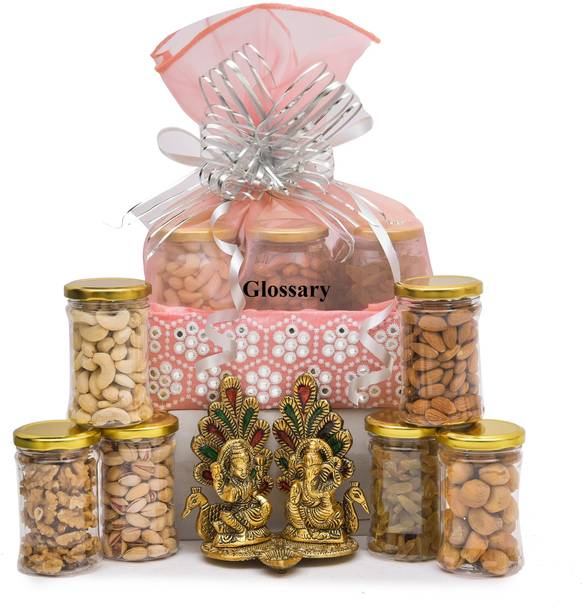 Glossary DRY FRUIT &NUT & LAXMI GANESHJI SHOW PIECEGIFT HAMPER/BASKET/BOX/PACK 750GM Almonds, Cashews, Pistachios, Raisins, Walnuts