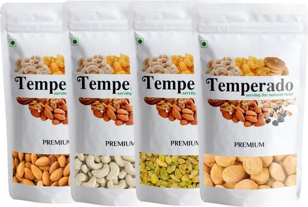Temperado Premium Quality Dry Fruits Combo | Kaju, Badam, Kishmish, Khurmani| 100gm* 4 Apricots, Cashews, Raisins, Almonds