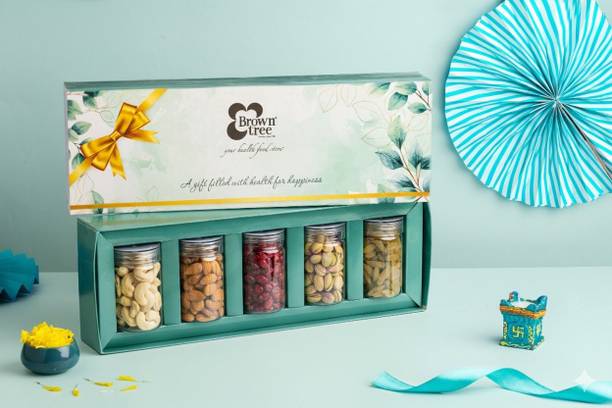 Brown tree Unbreakable airtight 5 jar with box for dry fruits & nuts/ Diwali Gift hamper