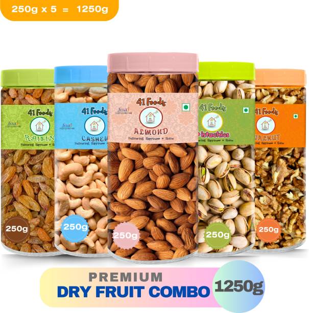 41 foods Dry fruits combo pack of Healthy 5 Badam Kaju Pista Kishmish Akhrot 1.25 KG Cashews, Almonds, Pistachios, Walnuts, Raisins