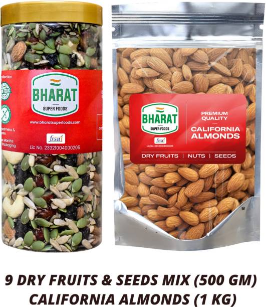 Bharat Super Foods California Almonds – 1kg &amp; 9 Dry Fruits &amp; Seeds Mix- 500gm - 1.5kg Almonds, Assorted Fruits &amp; Nuts