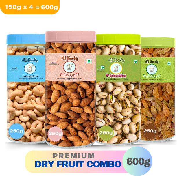 41 foods Dry fruits combo pack of Kaju Badam Pista Kishmish 600 GM Cashews, Almonds, Raisins, Pistachios