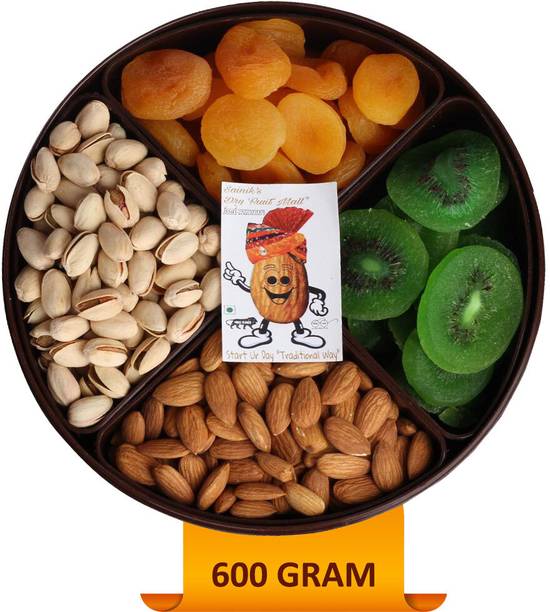 Sainik's Dry Fruit Mall 100% Pure Natural Dry Druit Combo Gift Pack (Reusable Box) 150x4 Apricots, Pistachios, Almonds, Kiwi
