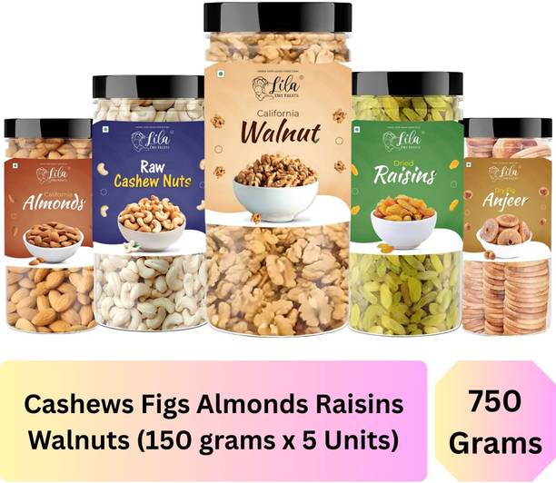 lila dry fruits Dry fruits combo pack of Cashews Almond Walnut Raisins Fig (150 G x5) Cashews, Figs, Almonds, Raisins, Walnuts