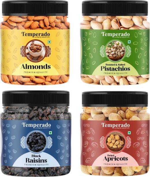 Temperado Almond, Salted Pista, Black Raisin & Apricots 100 gm each Combo Almonds, Pistachios, Raisins, Apricots
