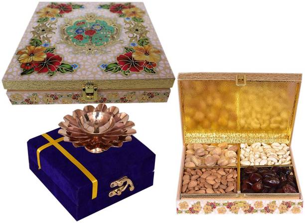 FOOD LIBRARY THE MAGIC OF NATURE Diwali Special Dry Fruit Pack Gift Hamper with Brass Lotus Diya (mm 1622) Assorted Nuts