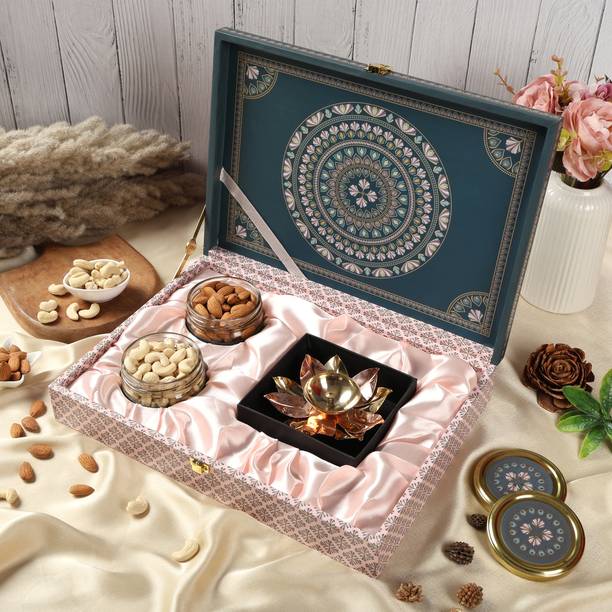 Sonature Two jar dryfruits with brass diya box filled with Dry Fruit Premium Gift Box Almonds, Cashews