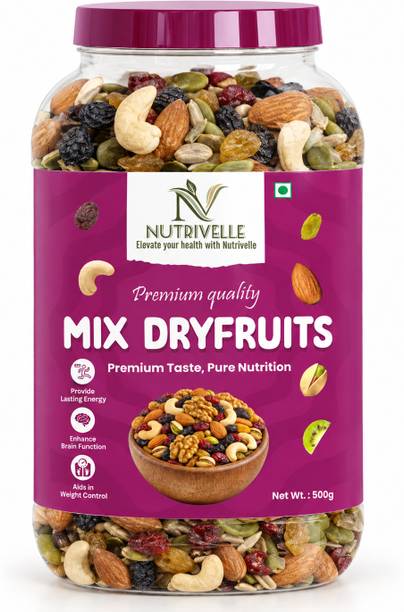 NUTRI VELLE Healthy Mix Dry Fruit 500gm Cashews, Dates, Pistachios, Figs, Almonds, Apricots, Raisins