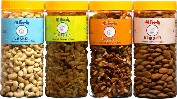 41 foods Combo pack of Almonds Cashews Raisins Walnuts | Kaju Badam Akhrot Kishmish 600GM Walnuts, Raisins, Cashews, Almonds