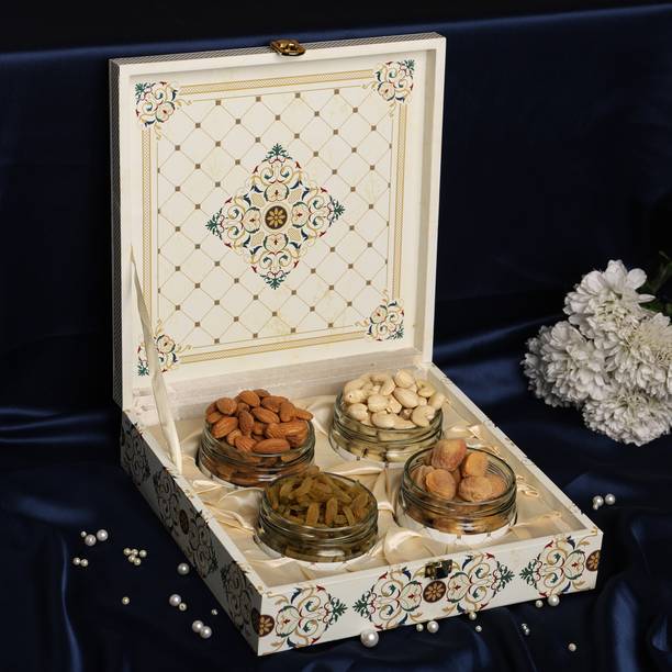 Riwaz White flowers Premium Design Combo Pack of 4 Dry Fruit | Festive Gift Pack Assorted Seeds & Nuts