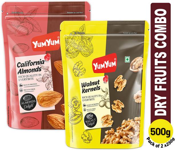 YUM YUM Dry Fruits 500g Combo Pack - Badam 250g, Akhrot Giri 250g Jar Each - Almonds, Walnuts