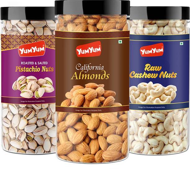 यम यम प्रीमियम जंबो बादाम (500G) पिस्ता (500 G) और काजू (500 ग्राम) 1.5KG सूखे मेवे कॉम्बो पैक- बादाम, काजू, पिस्ता मेसन जार