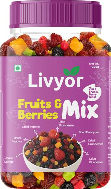 LIVYOR Fruits & Berries Mix | 7 in 1 Mix Dry Fruits Dried Pomelo, Blueberry, Cranberries, Strawberries, Pineapple, Papaya, Mango