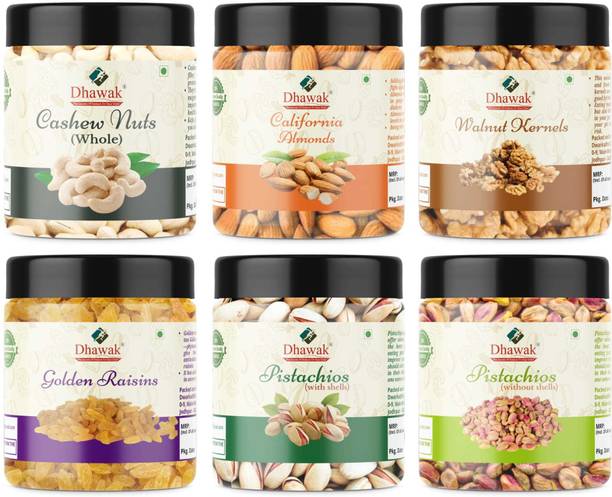 Dhawak Dry Fruits Combo For Diwali Deepawali Gift Pack For Family,Friends [Jar Pack] Cashews, Almonds, Walnuts, Raisins, Pistachios, Pistachios