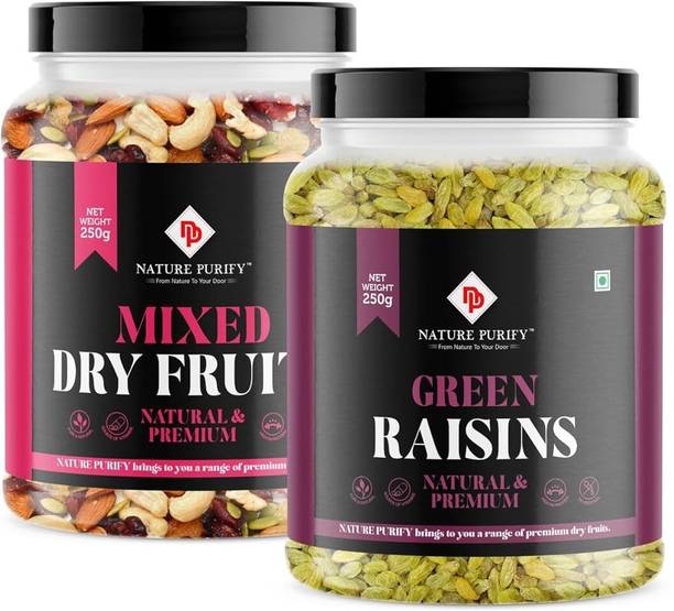 Nature Purify Dry Fruit Combo 500g Mixed Nuts + Green Raisins (Pack of 250 * 2) Raisins, Assorted Fruits & Nuts
