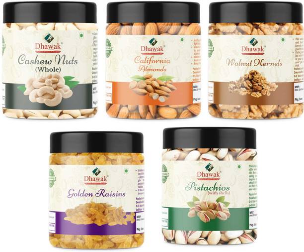 Dhawak Dry Fruits Combo For Diwali Deepawali Gift Pack For Family and Friends Jar Pack Cashews, Almonds, Walnuts, Raisins, Pistachios
