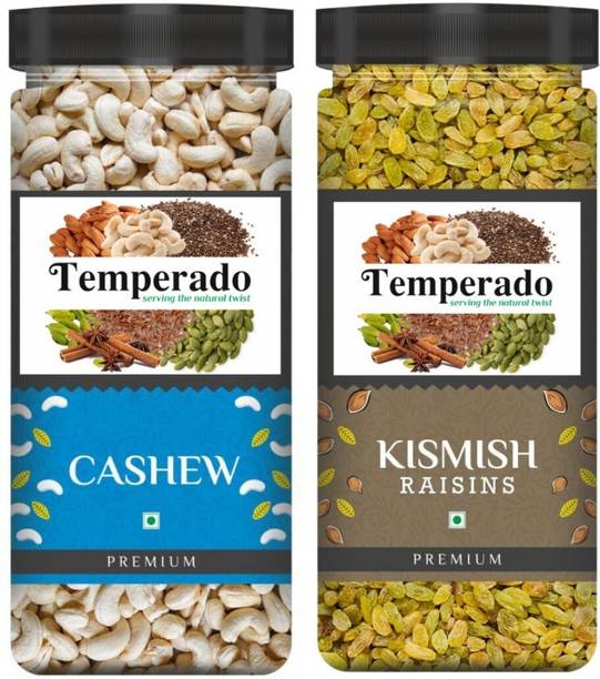 Temperado Premium Cashew Nuts and Raisins Combo|Kaju Kishmish| Jar Pack |250gm Each Cashews, Raisins