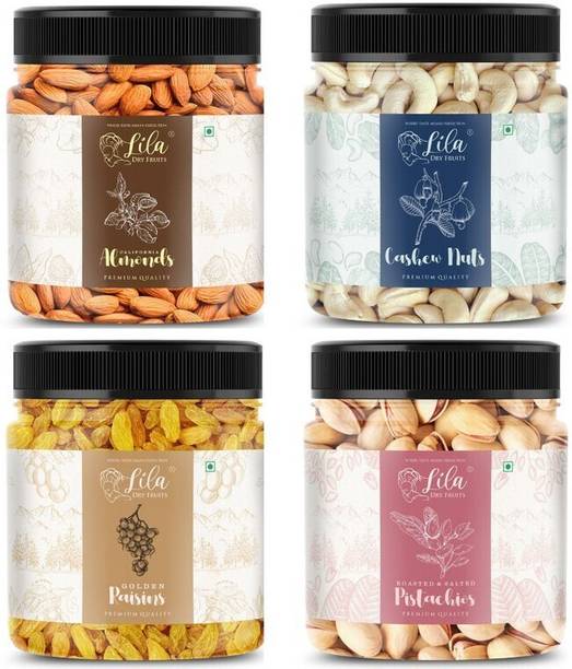 lila dry fruits Premium Nutritious & Delicious Dry Fruits Combo Jar Pack 100gm each(400g total) Almonds, Cashews, Pistachios, Raisins