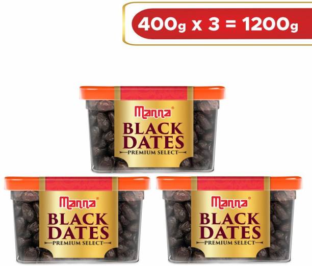 Manna Black Dates - 1.2kg (400g x 3 Packs) | Select Premium Organic Handpicked Dates | Khajoor | Khajur | Soft Dried Healthy Snack | Soft & Juicy texture | Zero Added Sugar & Preservatives | Rich in Iron, Fibre & Vitamins Dry Dates Dry Dates