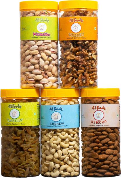 41 foods Dry fruits combo pack of Healthy 5 Kaju Pista Badam Akhrot Kishmish 750 GM Almonds, Pistachios, Cashews, Raisins, Walnuts