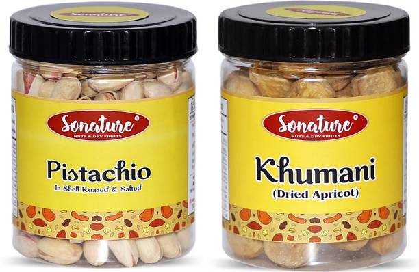 Sonature Natural Premium Quality Combo - Pack of 2 | Pistachio & Khumani Apricots | 500 gm | (Perfect Dry Fruits Mixed Combo For Occasion gift) , 250 gm each Pistachios, Apricots