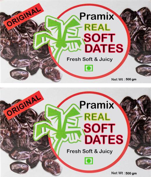 Pramix Soft Dates, Black Dates, Organic Soft Khajoor Fresh Juicy Dates - 1kg (2*0.5 kg) Dates