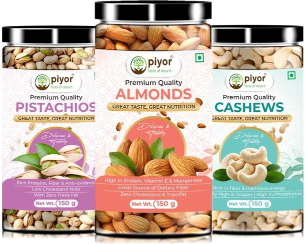 PIYOR 100% Natural Premium California Dry fruits Combo 450g Pistachios, Cashews, Almonds