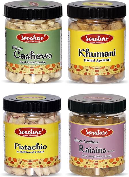 Sonature Combo - Pack of 4 | Premium Best Quality | Cashews, Apricots, Pistachios & Raisins | 1 Kg | Healthy Immunity Booster (Perfect Dry Fruits Mixed Combo For Occasion, celebration, rakhi, diwali, new year, function, gift), (250g each) Cashews, Apricots, Pistachios, Raisins