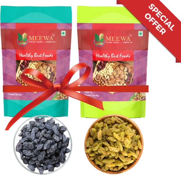 MEEWA Black Seedless Raisins 500 Grams + Golden Raisins / Kismish 500 Grams Combo Raisins