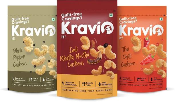 Kravio Thai Chilli, Imli Khatta Meetha & Black Pepper Roasted Cashew Combo pack Cashews