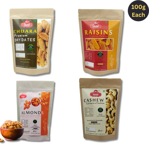 DADA New Combo Pack of Dry Fruits Each Pack is 100g X4 total 400g Almonds, Cashews, Dry Dates, Raisins