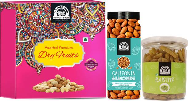 WONDERLAND FOODS Dry Fruits Gift Box | Raisin Jar + Almond Jar | Gift Pack Almonds, Raisins