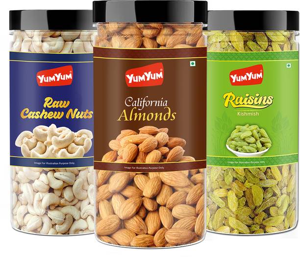YUM YUM Premium Jumbo Almond (500g) Cashew (500g) and Raisins (500g) 1.5kg Dry Fruits Combo Pack- Almonds, Cashews, Raisins