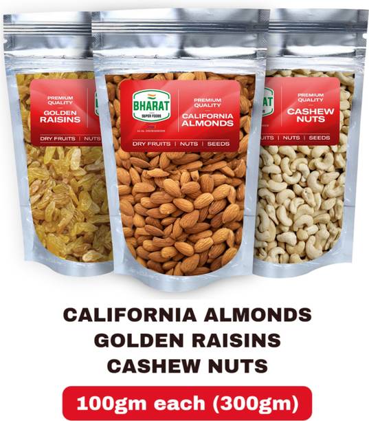 Bharat Super Foods Dry Fruits Combo Pack of 3, Almonds, Cashews, Golden Raisin 100gm Each - 300gm Cashews, Raisins, Almonds