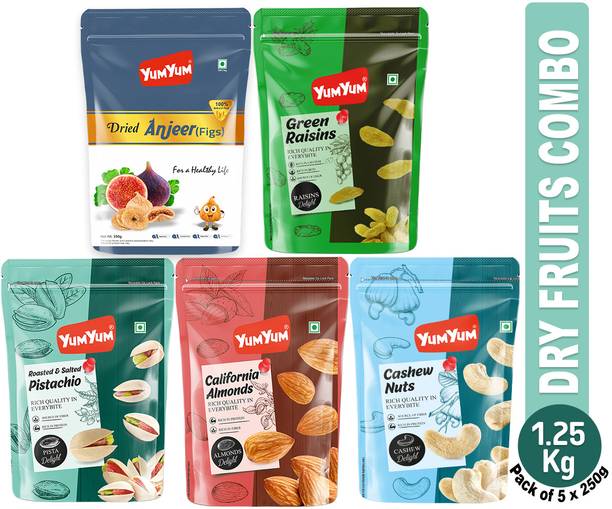 YUM YUM Premium Dry Fruits Combo Pack (Badam, Kaju, Pista, Kismis & Anjeer) 1.25kg - Almonds, Cashews, Pistachios, Raisins, Figs