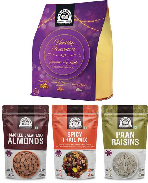 WONDERLAND FOODS Dry Fruits Gift Box Trail Mix 50g Jalapeno Almonds 50g Paan Raisin 100g Assorted Nuts