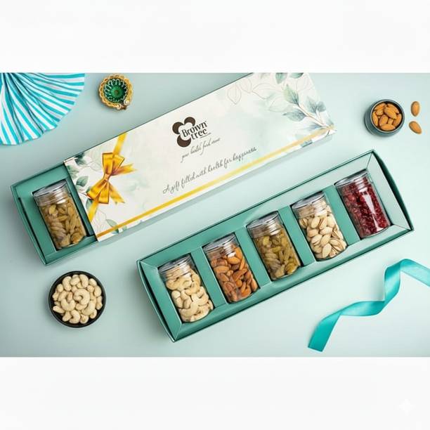 Brown tree Unbreakable airtight 5 jar with box for dry fruits & nuts/ Diwali Gift hamper