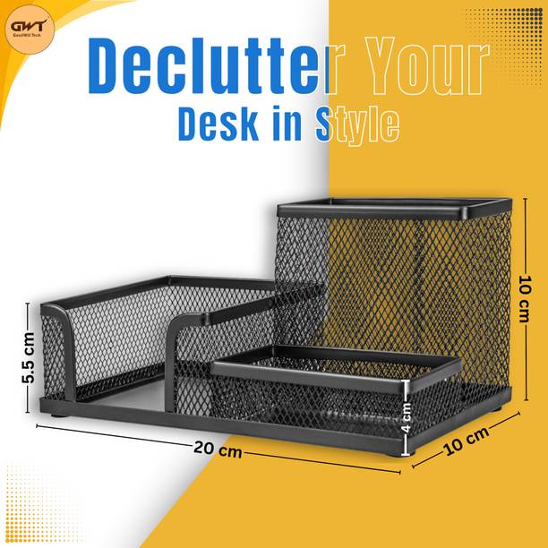 Goodwill Tech 3 compartment Metal Mesh Desktop Organizer & Pen Stand for Pens & Stationery  Office Set