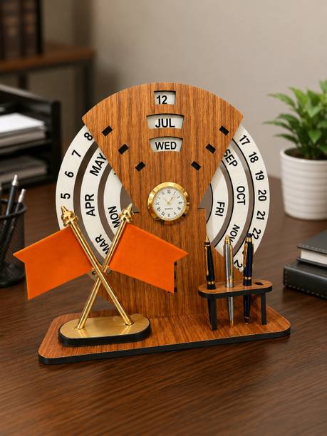 rashi creations 3 Compartments engineered wood, mdf wood, acrylic components, metal, fabric Decorative Wooden Desk Organizer / Perpetual Calendar with Clock & Pen Holder