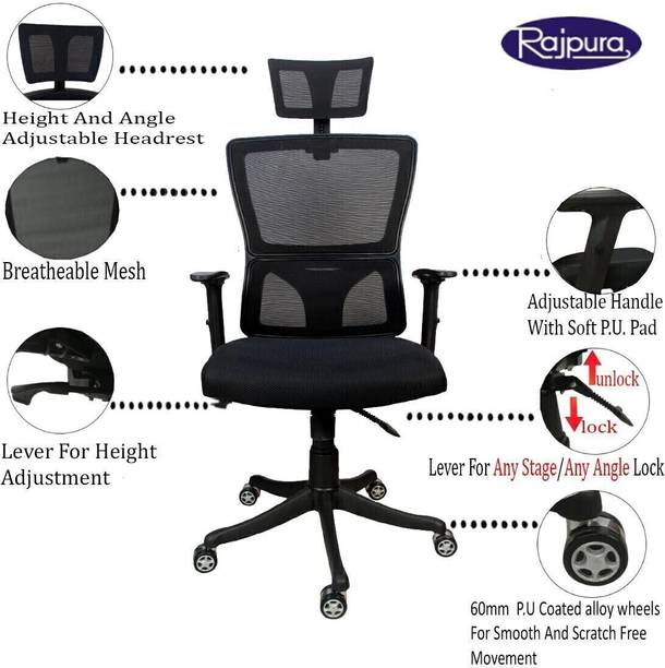 Rajpura PRIME High Back Revolving Chair with Headrest and Synchro Tilt Mechanism in Black Fabric and mesh/net back With Nylon Base (Adjustable Arms) Fabric Office Executive Chair (Black) Fabric Office Executive Chair