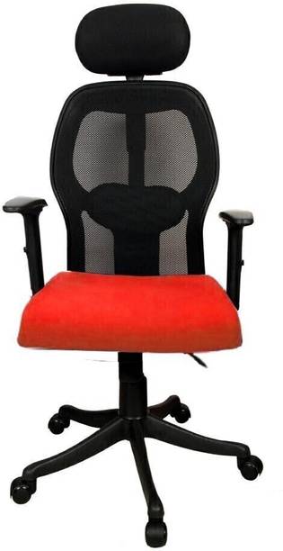 Rajpura High Back Revolving Chair with Headrest and Center Tilt Any Position/ Any angle Lock Mechanism in Red Fabric and mesh/net back With Nylon Base (Adjustable Arms) Fabric Office Executive Chair (Red) Fabric Office Executive Chair