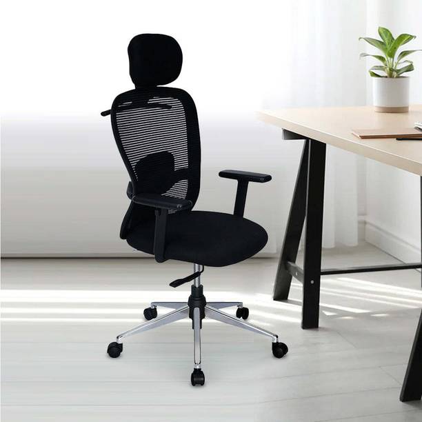 Nilkamal Alba High-Back Chair|Mesh Back|4-Position Locking|Chrome-Plated Star Base|Black Fabric Office Arm Chair