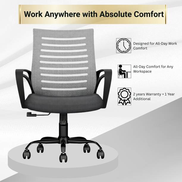 Chairwala India Mid Back Ergonomic Grey Mesh Office Chair with Lumbar Support & Adj Height Nylon Office Executive Chair