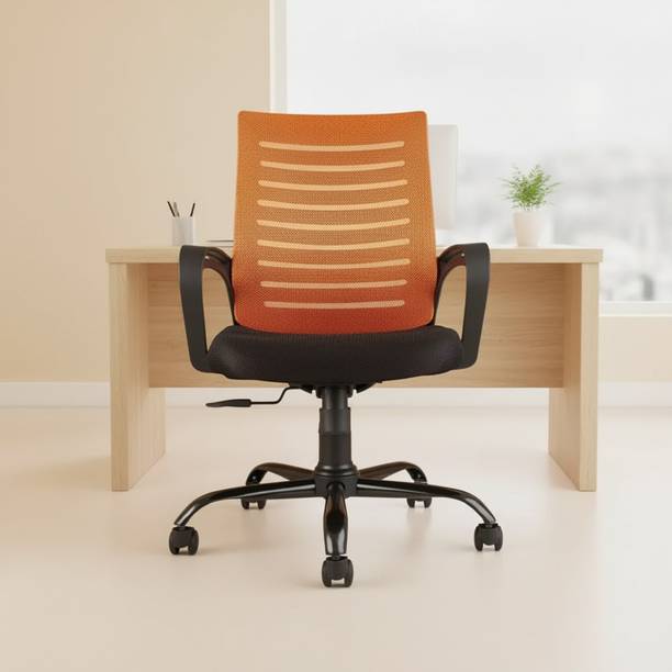 My Cubicles Mid Back Office Chair / Work From Home Chair with Metal Base(Orange) Mesh, Synthetic Fiber Office Arm Chair