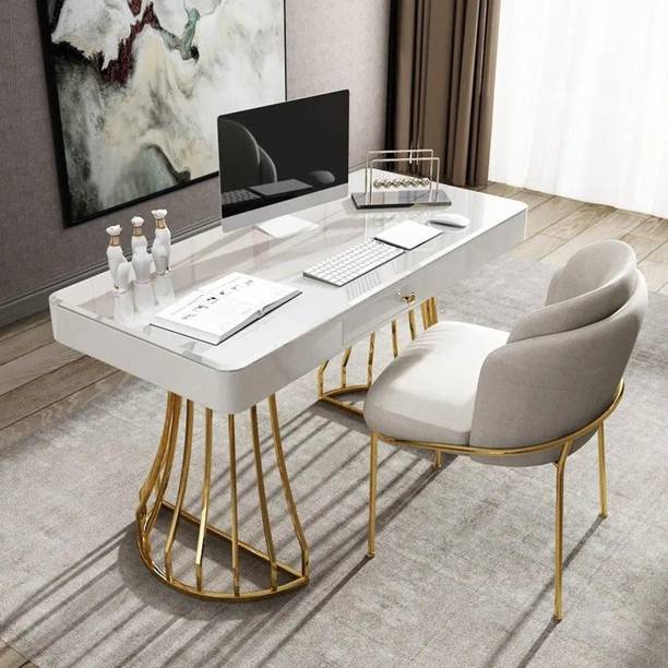 NG Decor White Office Desk 47" Modern Writing Desk Gold Base Stainless Steel Engineered Wood Office Table
