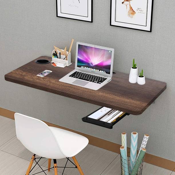 Torche (32x18.5 inches) Round cornered Wall-Mounted Folding Wall Table (Dark Oak) Solid Wood Study Table