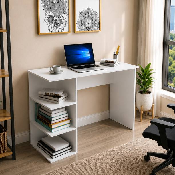 ROOSO LIVING Neo Study Table for Home & Office | Study Desk with 3-Tier Bookshelf Storage Engineered Wood Study Table