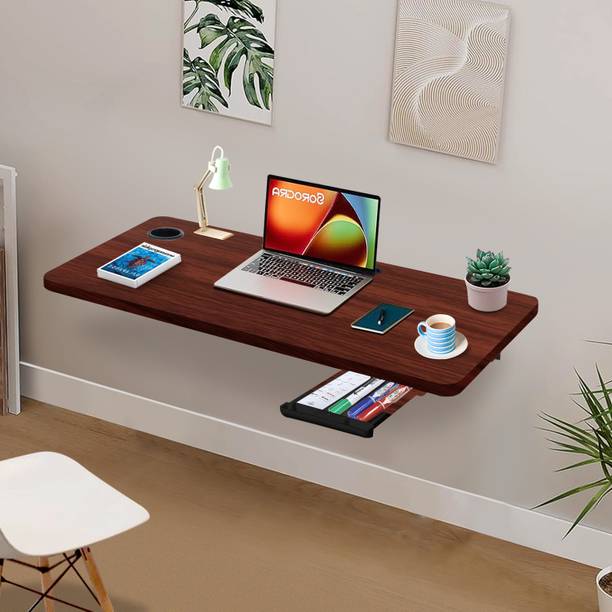 wow craft Wall-Mounted Foldable Study Table with Drawer & Cup Holder – 31x18.5 Inch Engineered Wood Study Table
