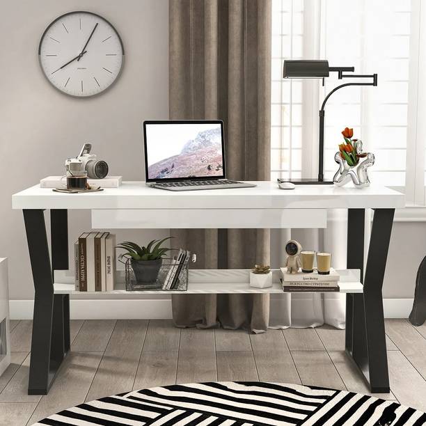 KDINTERIORS White Rectangular Writing Desk Computer Desk with Shelf & Drawer Engineered Wood Office Table