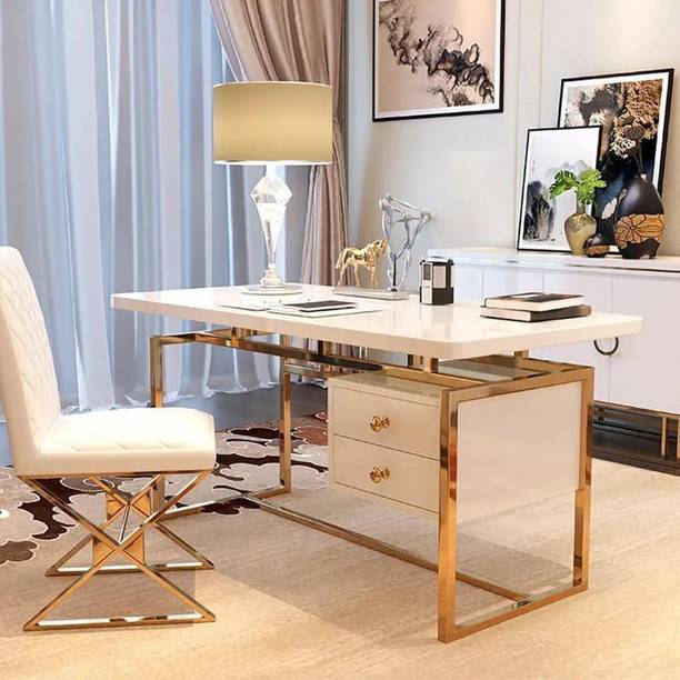 NG Decor 71" White Writing Desk Modern Computer Desk with 2-Drawer in Gold Engineered Wood Office Table